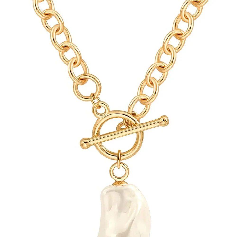 18k Gold Chain Link Necklace for Women, Baroque Pearl/Compass Pendant Necklace